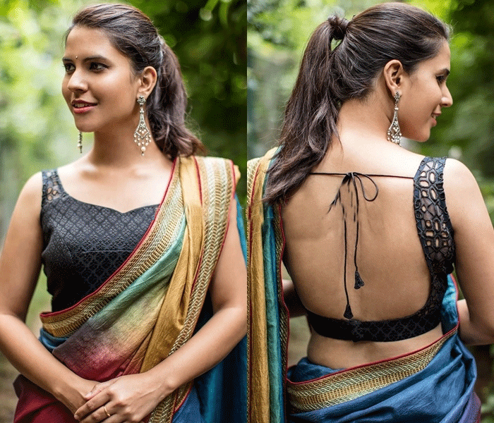 The backless blouses are themselves so alluring that most of the saris can be paired with a black backless blouse. 
