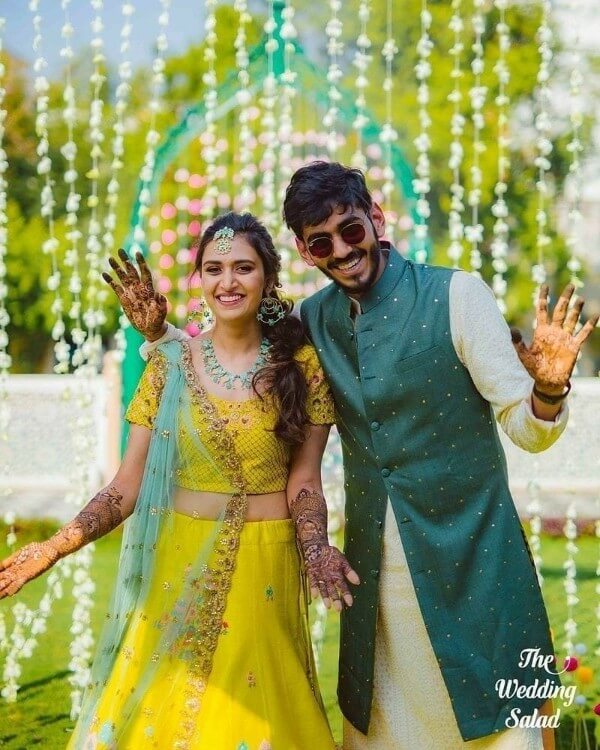 Indian Mehndi ceremony Photoshoot Ideas for wedding couple dress